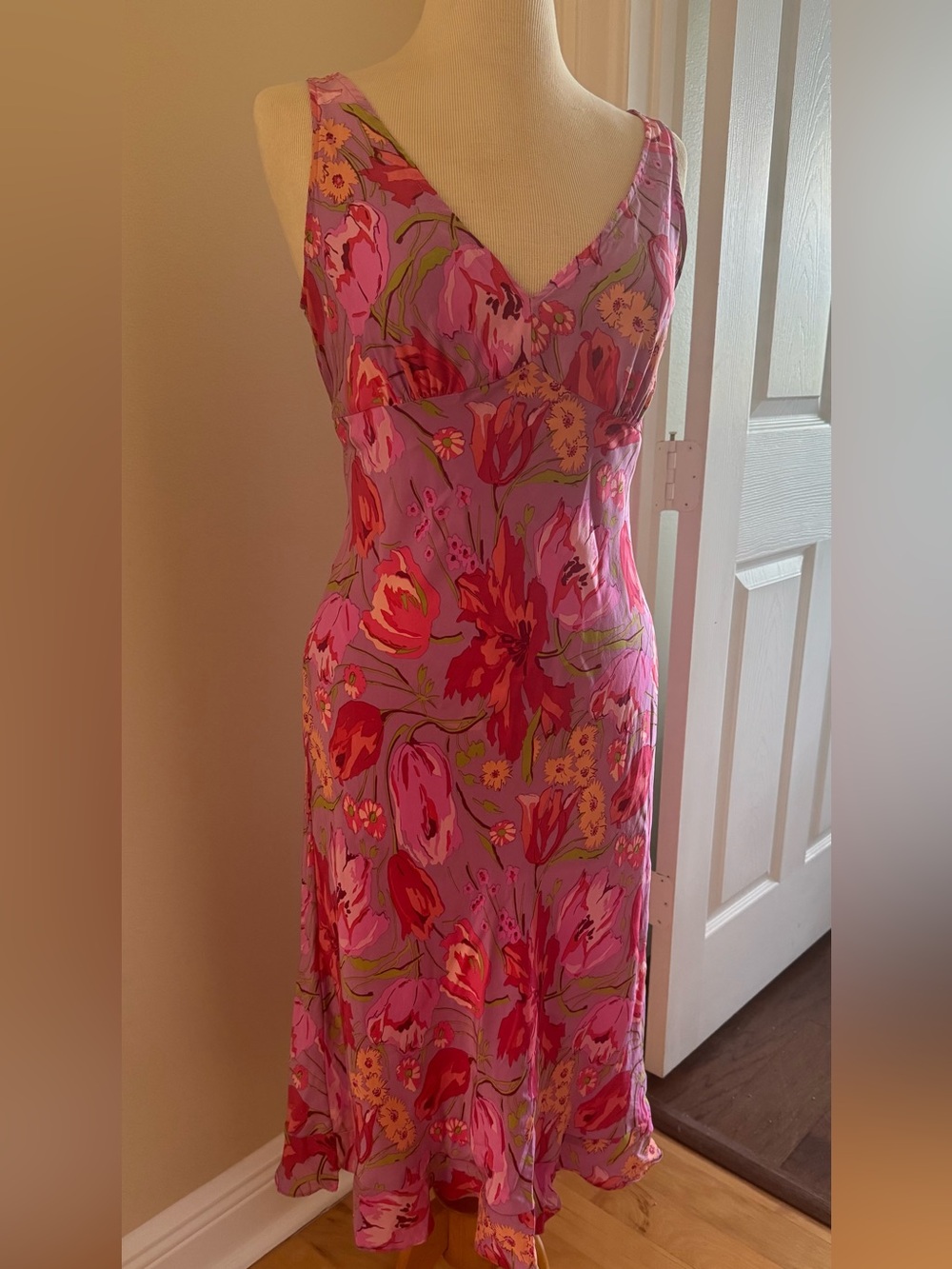 Betsey Johnson vintage silk dress. Pink and Purple Floral Midi Dress